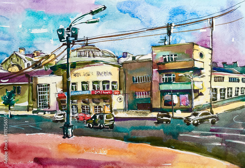 original pleinair painting of Podol Kyiv Ukraine cityscape, wate photo
