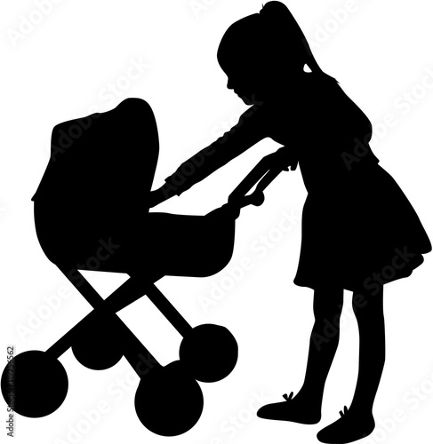 Young girl playing with a pram.