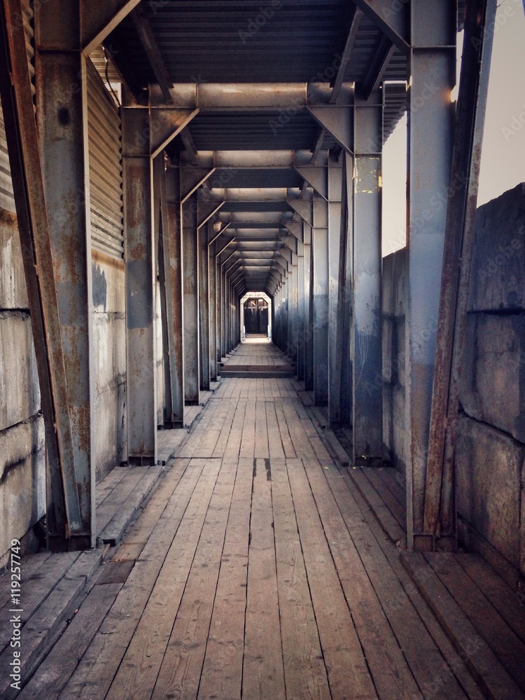 Temporary pedestrian tunnel through construction site