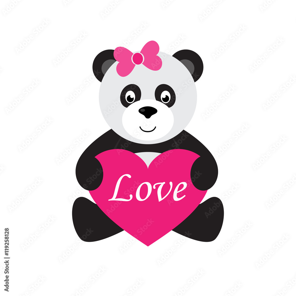 Naklejka premium cartoon panda sitting with heart and bow