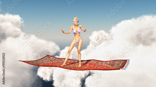 Frau auf fliegendem Teppich über den Wolken