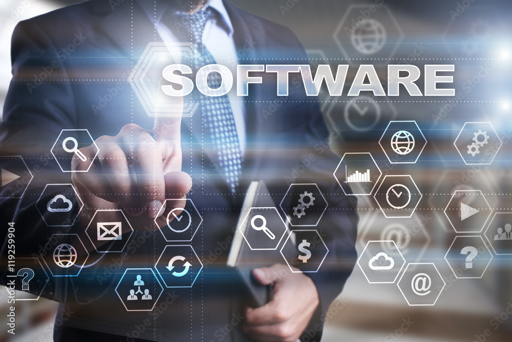 Businessman is pressing on the virtual screen and selecting Businessman is pressing on the virtual screen and selecting