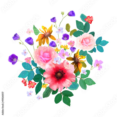 Hand drawn floral bouquet with isolated flowers and leafs. Vecto