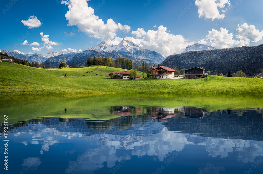 Idyllic summer landscape with mountain lake and Alps