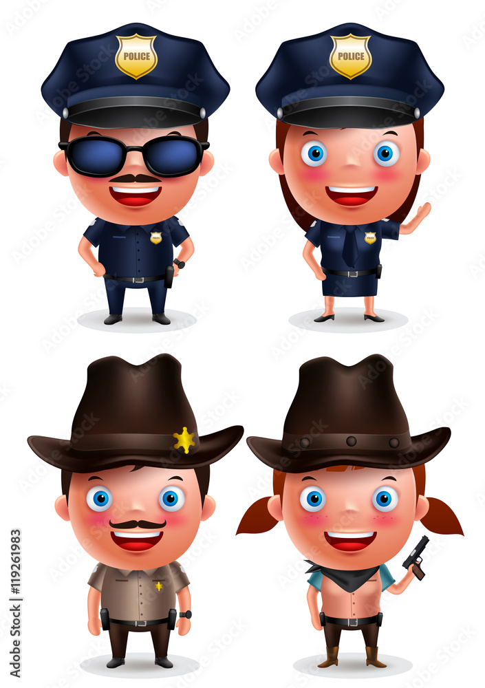 Policeman, policewoman, sheriff and cowgirl vector characters set with friendly smile with uniform isolated in white. Vector illustration.
