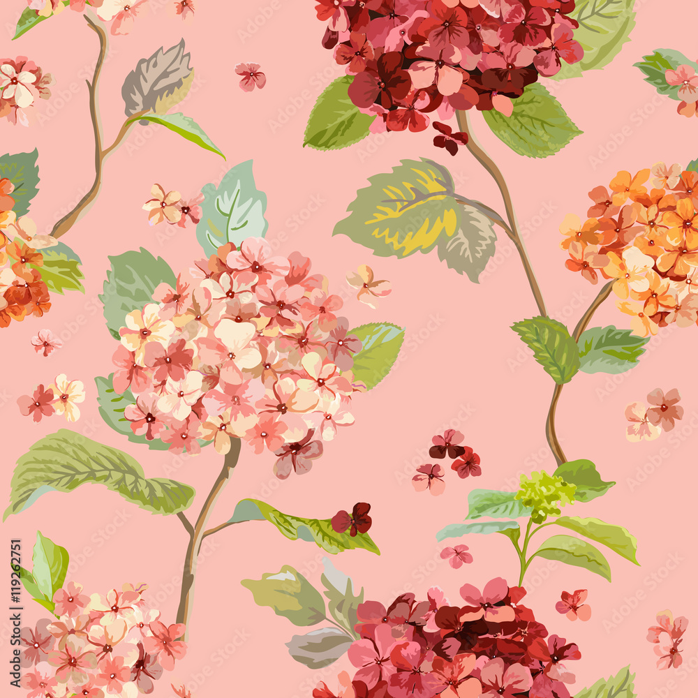 Vintage Flowers - Floral Hortensia Background - Seamless Pattern vector de  Stock | Adobe Stock