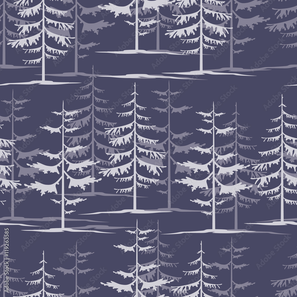 Fir tree winter night forest wallpaper design seamless texture p - obrazy, fototapety, plakaty 