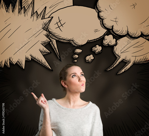 Thoughtful woman with different think clouds