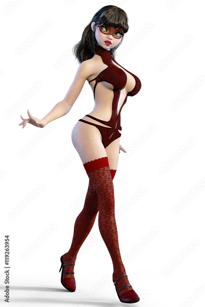 Sexy glamorous girl in red mask, body swimsuit and stockings. Young beautiful woman in studio. Seductive candid pose. Photorealistic 3D render illustration. Isolate, high key. Sexy glamorous girl in red mask, body swimsuit and stockings. Young beautiful woman in studio. Seductive candid pose. Photorealistic 3D render illustration. Isolate, high key.