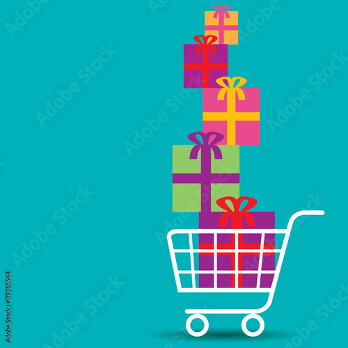 Shopping cart overflowing with colorful gifts with space for text   