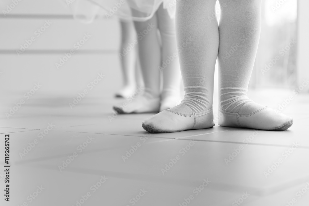 Fototapeta premium Little ballerinas standing in a row at ballet class