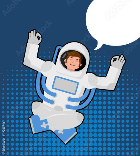 Astronaut meditates in a pop art style. Bubble for text. Zen and