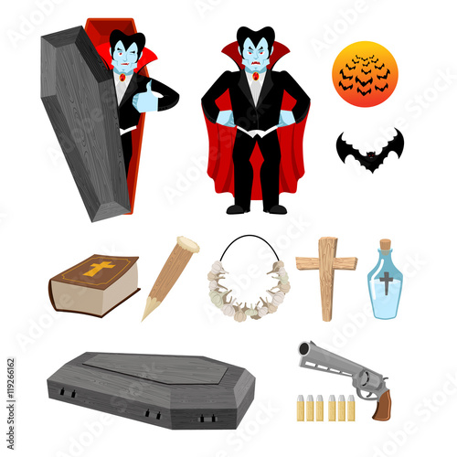 Dracula set. Vampire and bats. Weapon against vampires. Garlic a