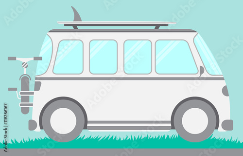 Retro surf van with surf board and bike.Vintage travel bus in flat style.Surf camp, rv travel coach. Camper van.