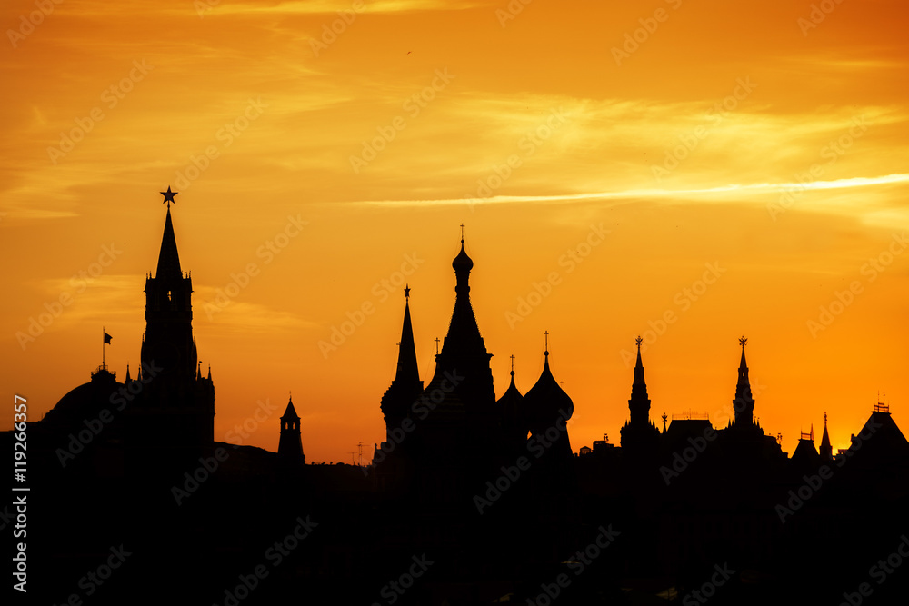 Silhouettes of Moscow Kremlin at Red square on sunset