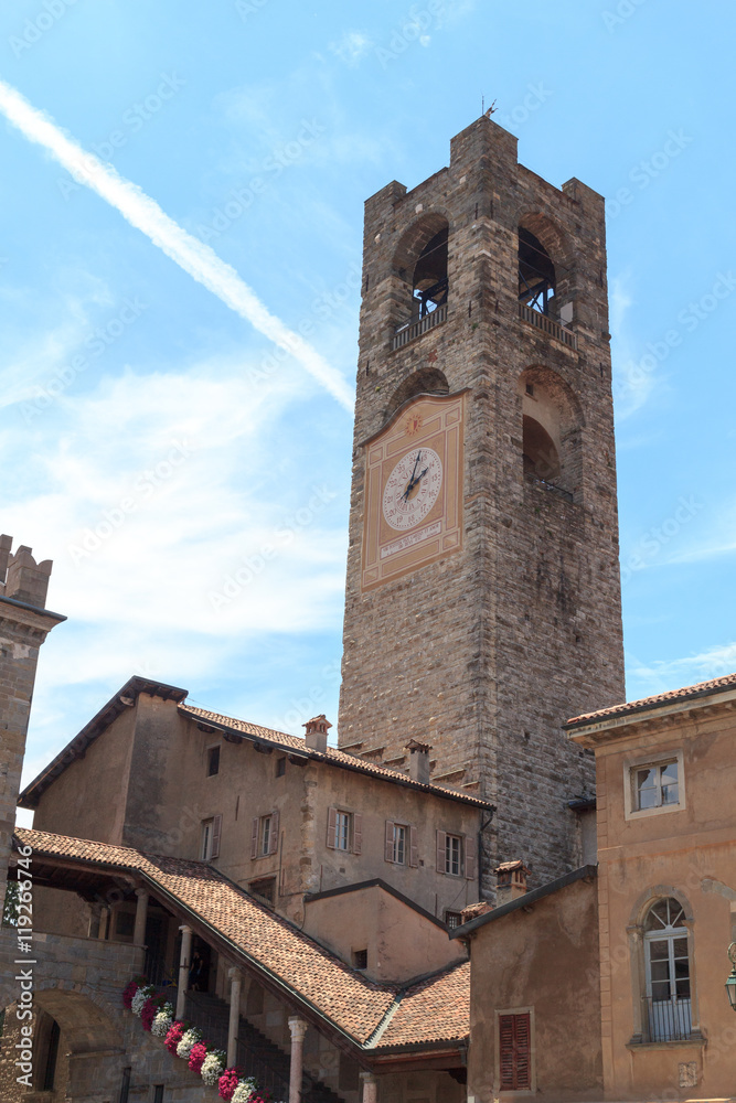 Old city tower Torre Civica in Bergamo, Citta Alta, Italy