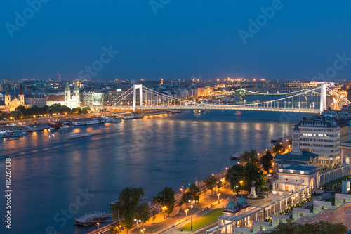 Erzsebet (Elisabeth) Bridge across Danube and Budapest panorama at dusk