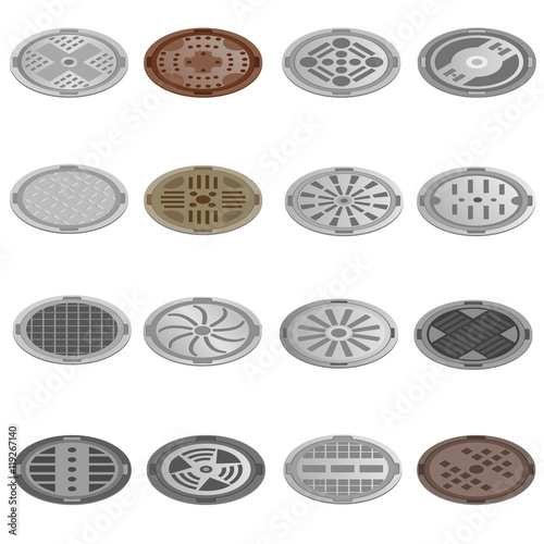 road hatch isometric icons set