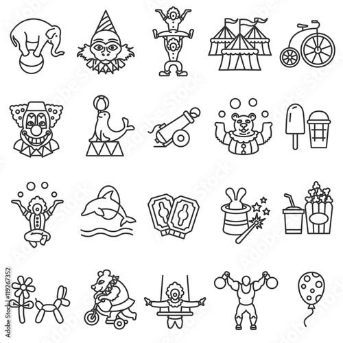 Circus icons set. circus tricks, animals, clowns collection. Thin line design