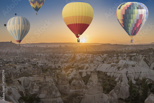 Hot air balloons flying over spectacular Cappadocia