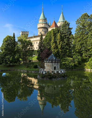 Bojnice Castle (Slovakia). Summer view with pond. Built in the 12th century, rebuilt in 1889-1910.