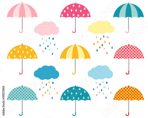 Rain umbrellas and clouds with raindrops photo