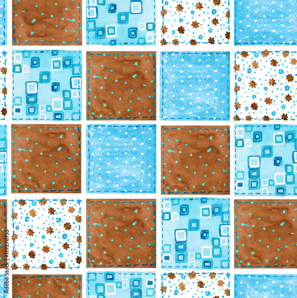 Background of fabric scraps. Patchwork. Seamless pattern. Waterc