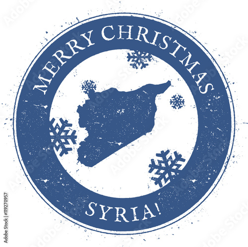 Syrian Arab Republic map. Vintage Merry Christmas Syrian Arab Republic Stamp. Stylised rubber stamp with county map and Merry Christmas text, vector illustration.