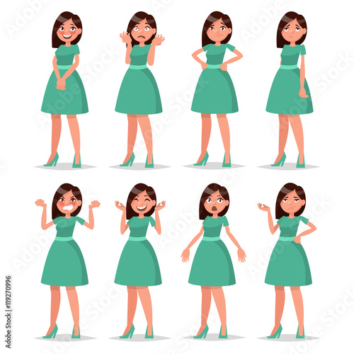 Set girl dressed in a dress with a variety of emotions and poses