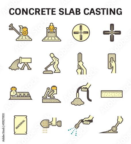 Concrete slab and epoxy floor finishing construction and repair vector icon set consist of worker, machine equipment i.e. power trowel to casting, screed, grinding and leveling by builder, contractor.