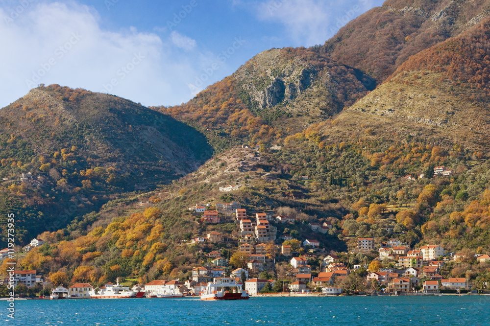 View of ferry port at Kamenari village on a sunny winter day. Montenegro
