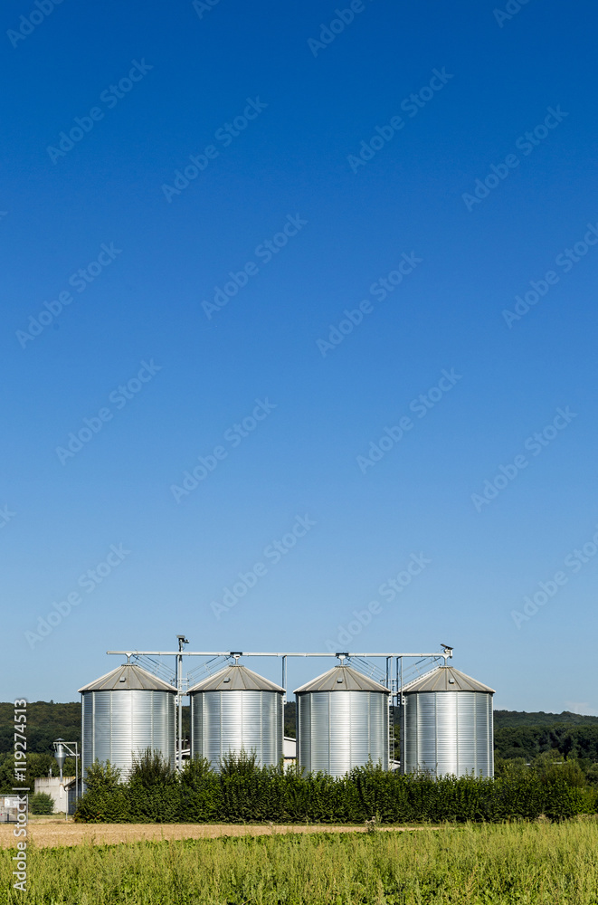four silver silos in field under   blue sky