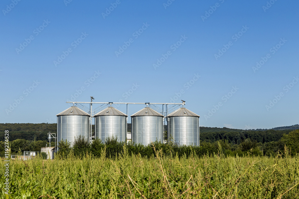 four silver silos in field under blue sky four silver silos in field under blue sky