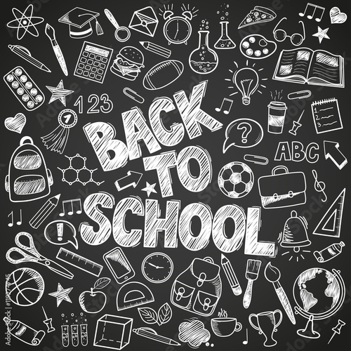 Back to School - sketch doodle set. Various hand-drawn school items on a background blackboard. Vector illustration