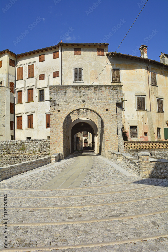 Valvasone, Italy - July 19th 2016. The 13th century castle in the north east Italian town of Valvasone, Friuli Venezia Giulia.
