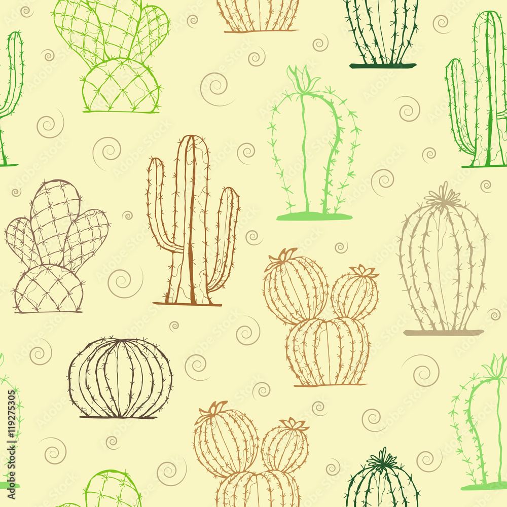 Hand drawn succulent ornament with cactus. Seamless pattern with cactus colorful isolated on a yellow background. Vector illustration of a cactus Hand drawn succulent ornament with cactus. Seamless pattern with cactus colorful isolated on a yellow background. Vector illustration of a cactus