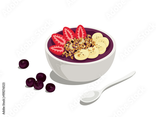 acai special: delicious and healthy meal of acai cream bowl with strawberry, granola and banana on top