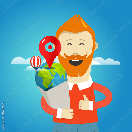 Smiling hipster with the bag vector illustration. Travel concept