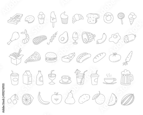 Different food doodles. Lineart hand-drawn elements clip-art for