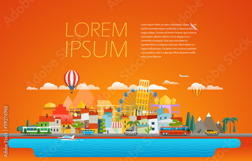 Hello summer vacation concept. Cityscape Vector illustration