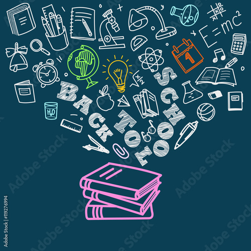 Back to school concept. Falling icons to the books