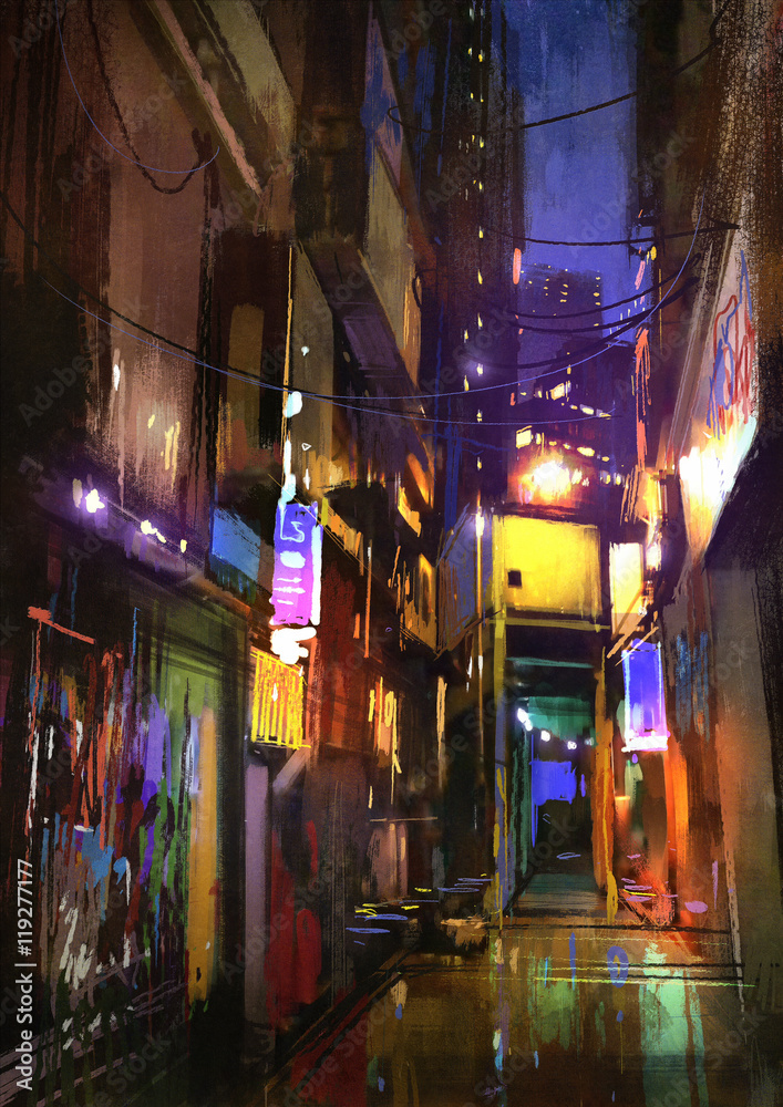Fototapeta premium painting of dark alley at night,illustration