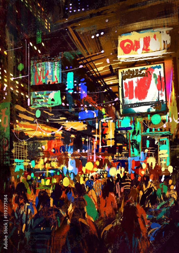 Fototapeta premium crowd of people in night street,illustration painting