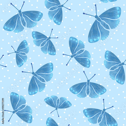 seamless pattern with blue watercolor  hand drown  butterflies