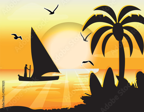 Sunset Beauty card. Summer beach with boat and Palm trees Card. Vector Holida...