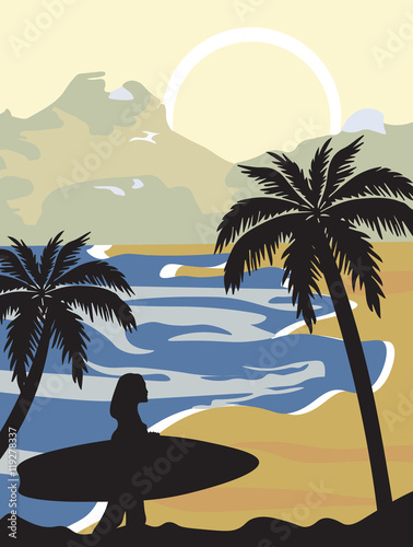 Summer Beach Vector with silhouette woman surfing