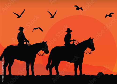 Cowboys silhouettes on horses at sunset. Vector illustration
