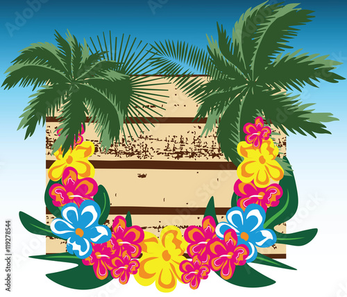 Summer Wood Board Vector. Card with Palm leaves and tropic flowers wreath. Ha...