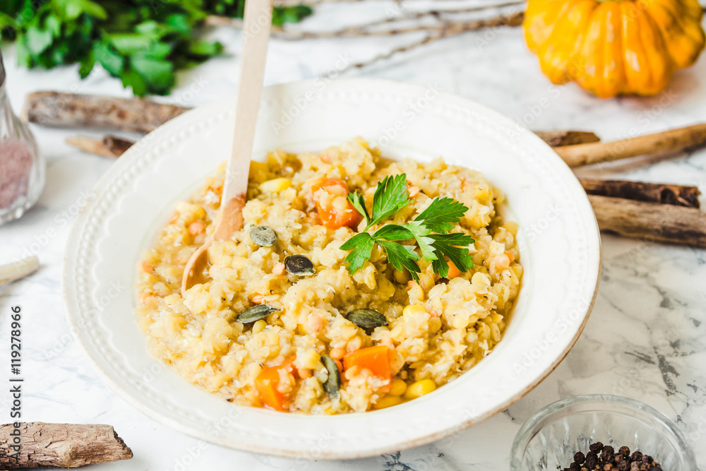 soup of red lentils with pumpkin and corn, vegan, autumn dish soup of red lentils with pumpkin and corn, vegan, autumn dish