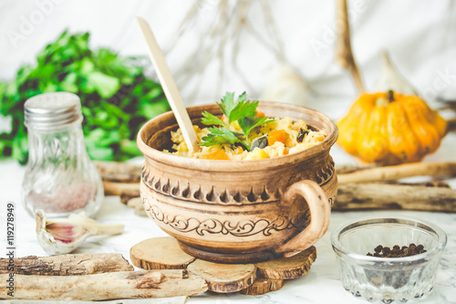 Vegetarian red lentil soup with pumpkin and corn,tinting